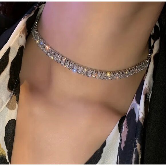 925 Sterling Silver Sparkling Rhinestone Choker Necklace Adjustable - Picture 1 of 5